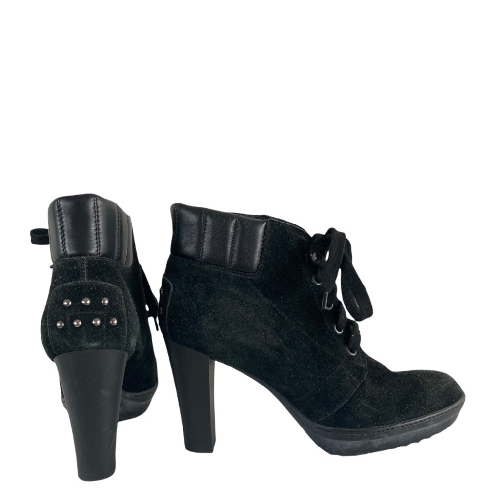 Tod’s Black Suede Leather Trim Studded Lace Up Heeled Ankle Booties 37.5